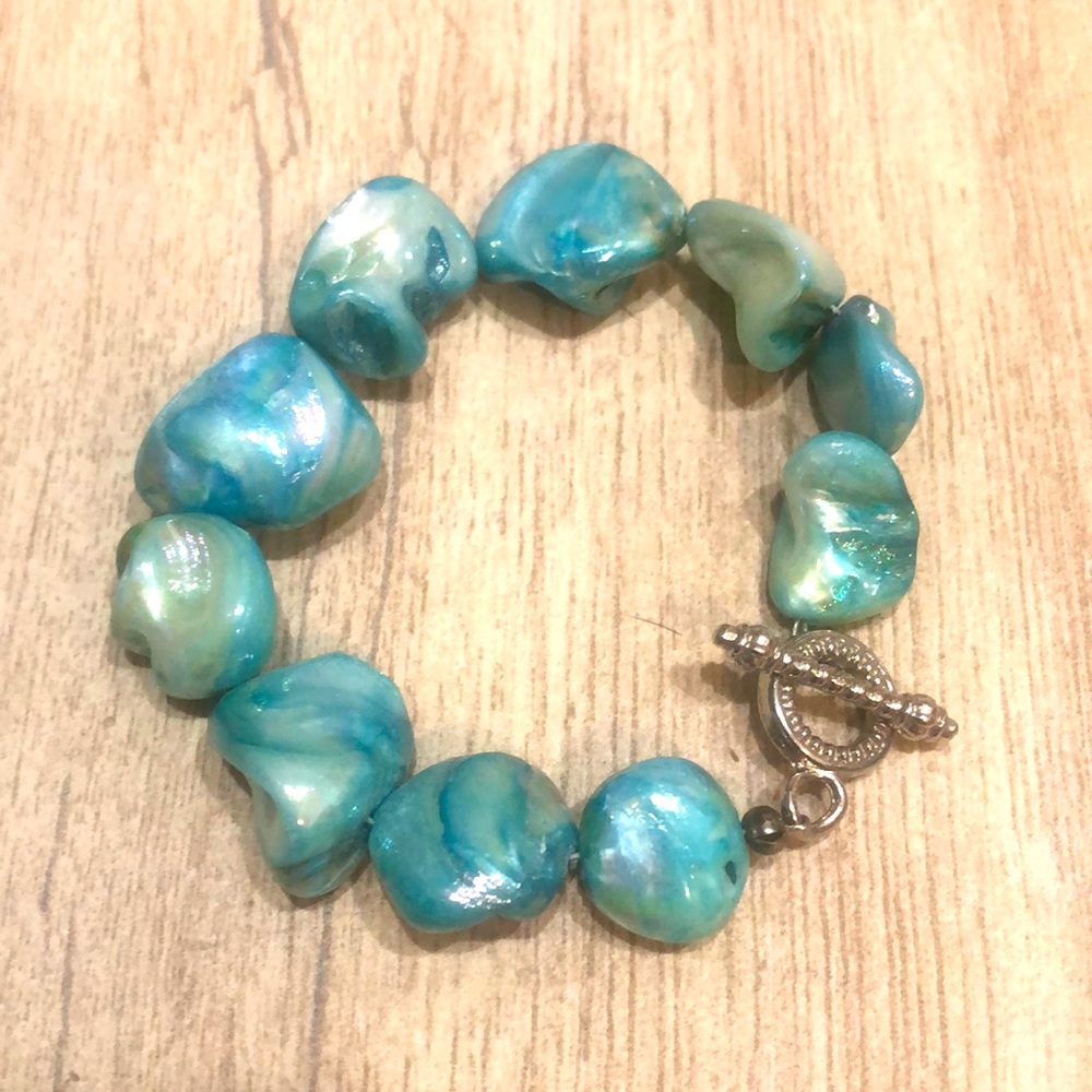 Turquoise Abalone Seashell Silver Plated Toggle Bracelet